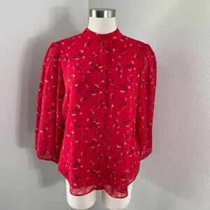 Joie Womens Large Red Floral Blouse Button Up 3/4 Sleeve Shirt Top